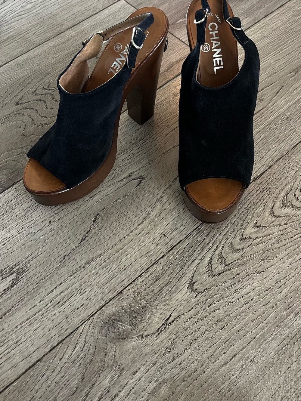 CHANEL Black Suede Platform Slingback Heels